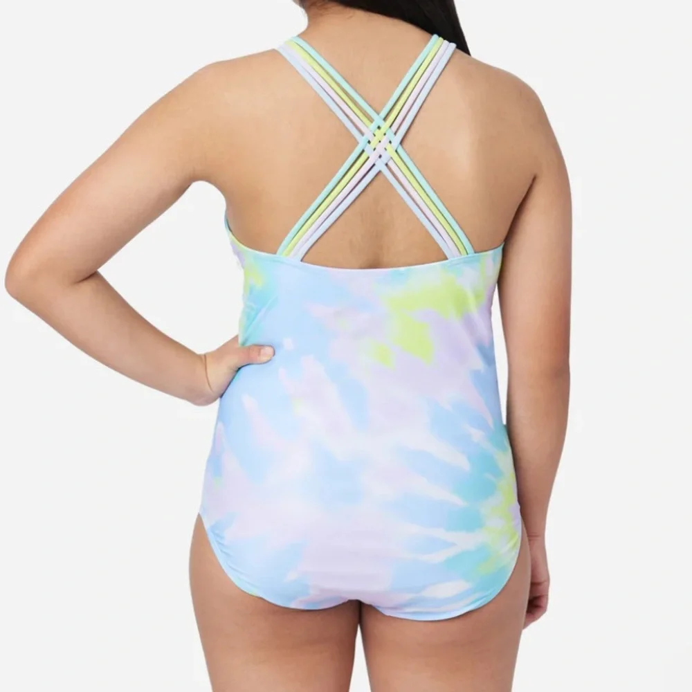 Justice Girls Tie Dye Graphic One Piece Swimsuit S 7/8 Strappy Back
